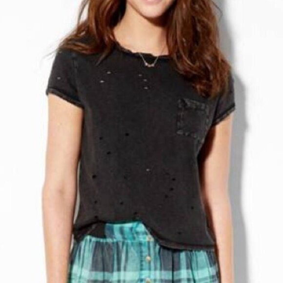 AMERICAN EAGLE Destroyed Pocket T-Shirt Black Ripped Rips Short Sleeve Crop Top - Picture 1 of 10